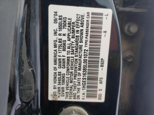 1HGES16385L001072 - 2005 HONDA CIVIC DX VP BLACK photo 13