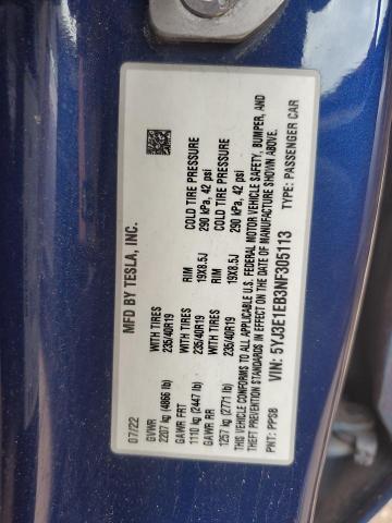 5YJ3E1EB3NF305113 - 2022 TESLA MODEL 3 Կապույտ լուսանկար 12