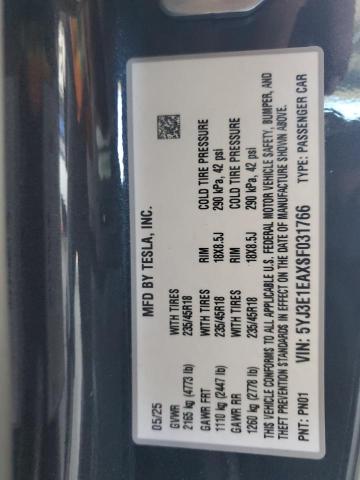 5YJ3E1EAXSF031766 - 2025 TESLA MODEL 3 GRAY photo 12