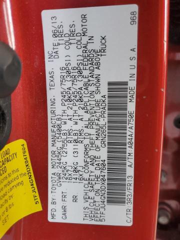5TFJU4GN3DX047604 - 2013 TOYOTA TACOMA DOUBLE CAB PRERUNNER RED photo 12