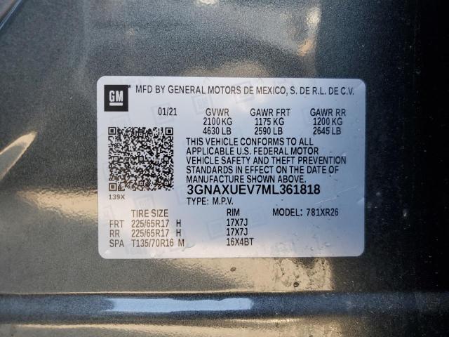 3GNAXUEV7ML361818 - 2021 CHEVROLET EQUINOX LT CHARCOAL photo 13