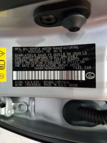 58ABK1GG9GU034280 - 2016 LEXUS ES 350 Srebrny zdjęcie 13