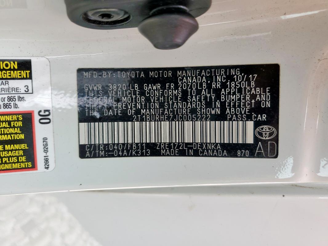 2T1BURHE7JC005222 - 2018 TOYOTA COROLLA L 白色 照片 13