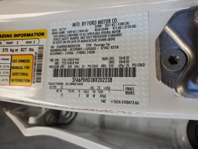 3FA6P0HD3KR202238 - 2019 FORD FUSION SE 白色 照片 12