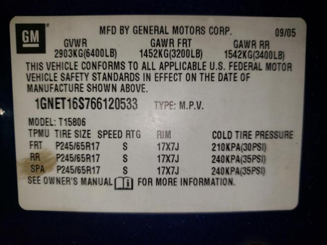 1GNET16S766120533 - 2006 CHEVROLET TRAILBLAZE EXT LS BLUE photo 10