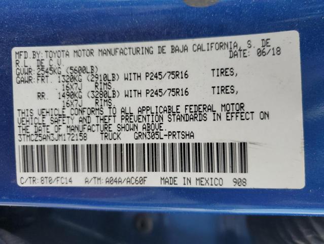 3TMCZ5AN3JM172158 - 2018 TOYOTA TACOMA DOUBLE CAB BLUE photo 12
