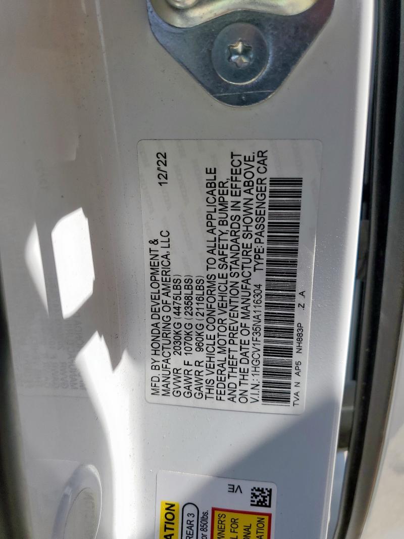 1HGCV1F35NA116304 - 2022 HONDA ACCORD SPORT WHITE photo 12