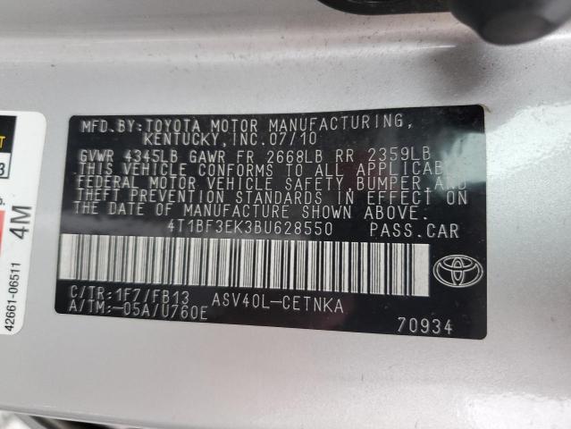 4T1BF3EK3BU628550 - 2011 TOYOTA CAMRY BASE Արծաթագույն լուսանկար 12