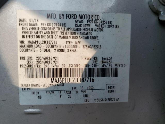 MAJ6P1UL2JC187716 - 2018 FORD ECOSPORT SE Argent photo 13