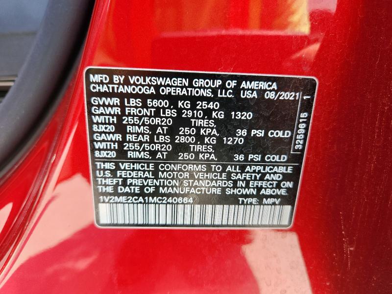 1V2ME2CA1MC240664 - 2021 VOLKSWAGEN ATLAS CROS SE RED photo 12