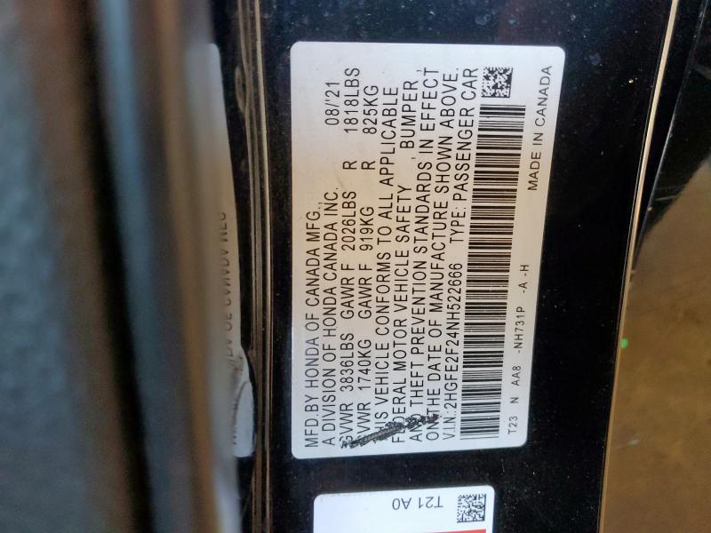 2HGFE2F24NH522666 - 2022 HONDA CIVIC LX BLACK photo 13