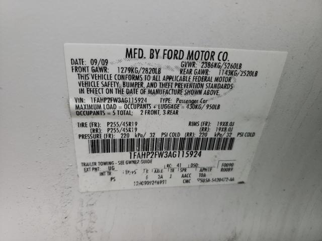 1FAHP2FW3AG115924 - 2010 FORD TAURUS LIMITED WHITE photo 12