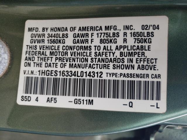 1HGES16334L014312 - 2004 HONDA CIVIC DX VP Yaşıl foto 12