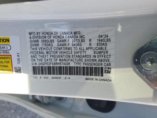 2HGFE2F58RH574026 - 2024 HONDA CIVIC SPORT WHITE photo 13