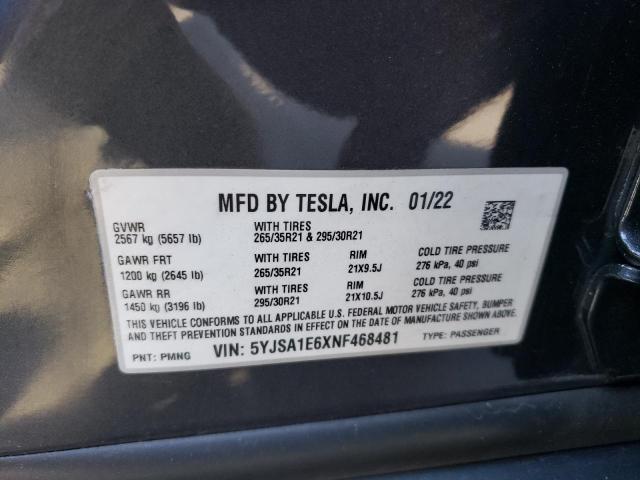 5YJSA1E6XNF468481 - 2022 TESLA MODEL S Մոխրագույն լուսանկար 12