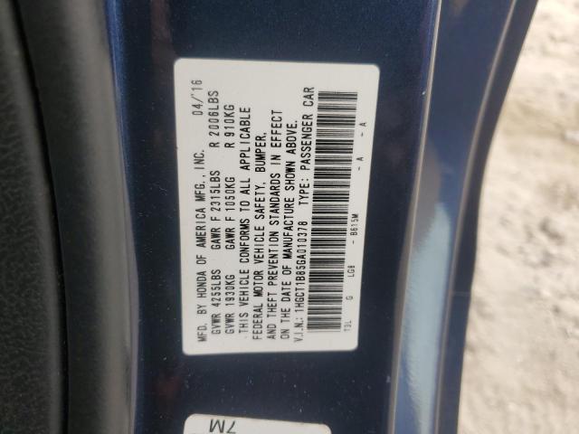1HGCT1B85GA010378 - 2016 HONDA ACCORD EXL BLUE photo 12