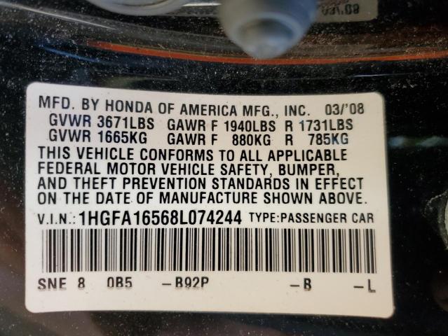 1HGFA16568L074244 - 2008 HONDA CIVIC LX BLACK photo 13