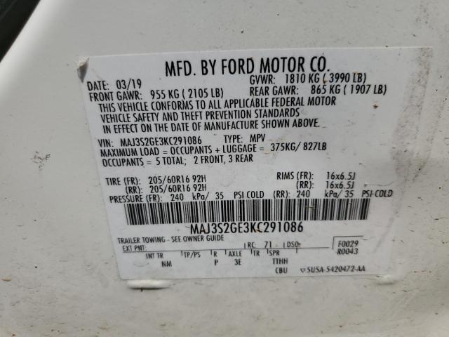 MAJ3S2GE3KC291086 - 2019 FORD ECOSPORT SE WHITE photo 14