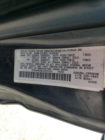 5TESM92N22Z033191 - 2002 TOYOTA TACOMA XTRACAB PRERUNNER შავი ფოტო 12