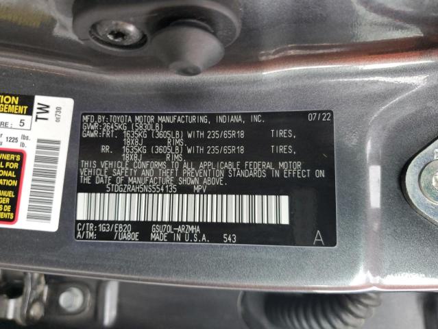5TDGZRAH5NS554135 - 2022 TOYOTA HIGHLANDER XLE GRAY photo 13
