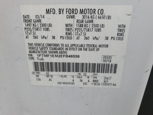 1FTMF1EM2EFB48558 - 2014 FORD F150 WHITE photo 12