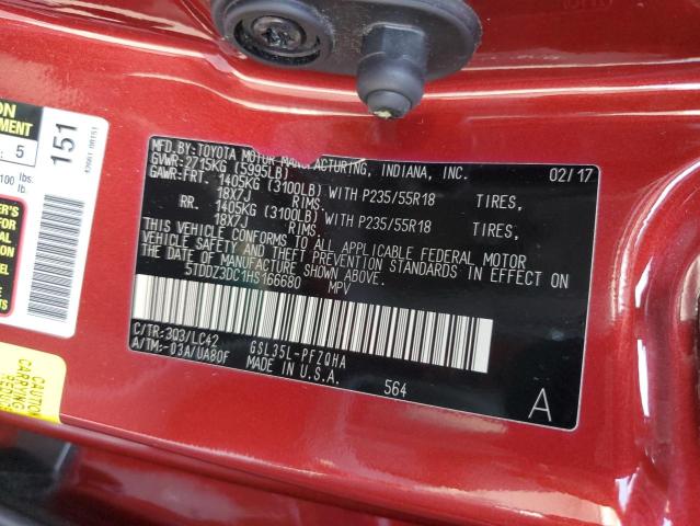 5TDDZ3DC1HS166680 - 2017 TOYOTA SIENNA XLE Bordo foto 13