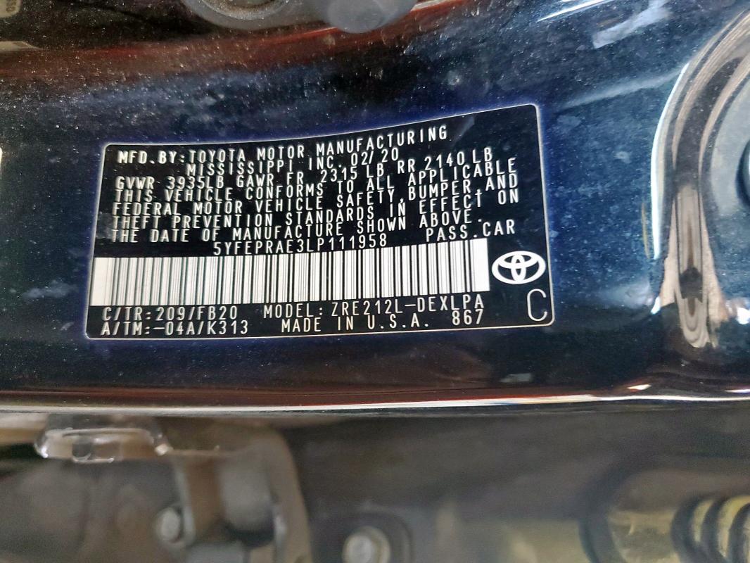 5YFEPRAE3LP111958 - 2020 TOYOTA COROLLA LE Qara foto 12