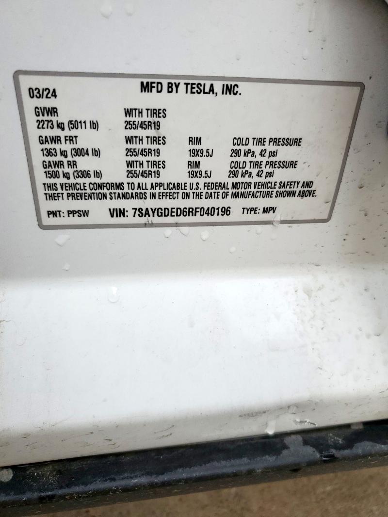 7SAYGDED6RF040196 - 2024 TESLA MODEL Y 白色 照片 12