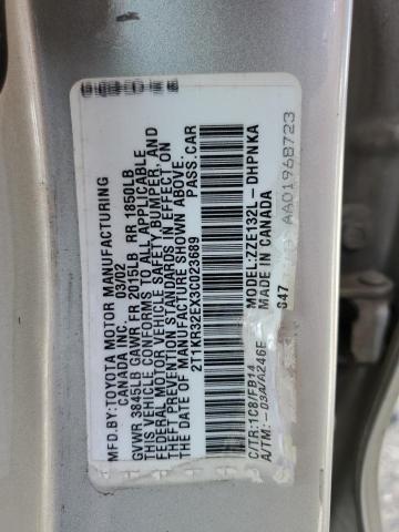 2T1KR32EX3C023689 - 2003 TOYOTA COROLLA MA XR GRAY photo 12