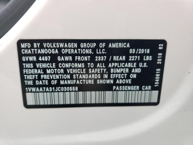 1VWAA7A31JC030558 - 2018 VOLKSWAGEN PASSAT S WHITE photo 12