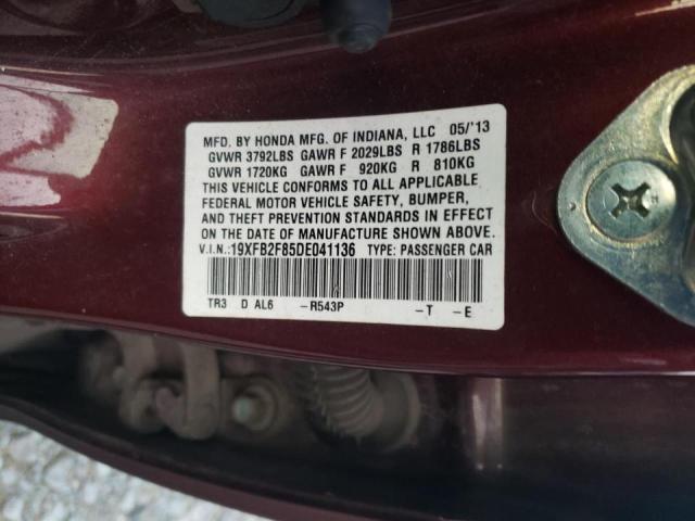 19XFB2F85DE041136 - 2013 HONDA CIVIC EX BURGUNDY photo 12