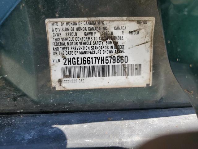 2HGEJ6617YH579860 - 2000 HONDA CIVIC BASE Yaşıl foto 12