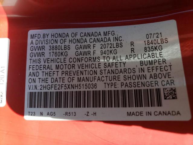 2HGFE2F5XNH515036 - 2022 HONDA CIVIC SPORT წითელი ფოტო 12