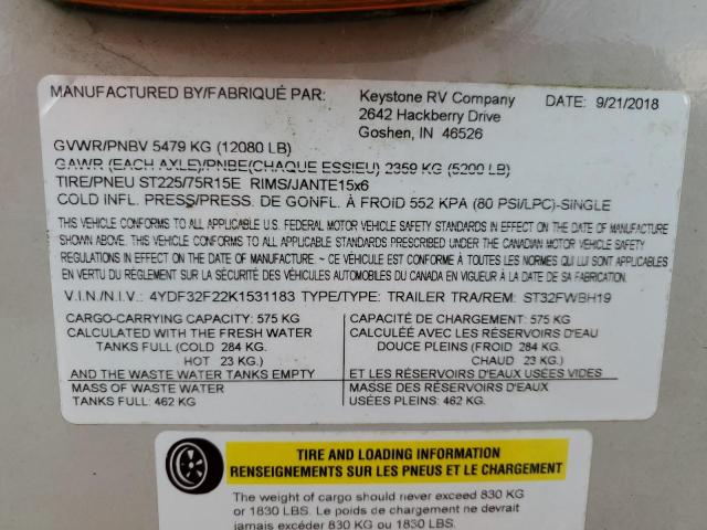 4YDF32F22K1531183 - 2019 KEYSTONE SPRINTER GRAY photo 10