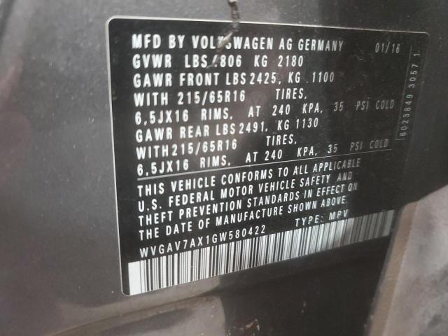 WVGAV7AX1GW580422 - 2016 VOLKSWAGEN TIGUAN S GRAY photo 13