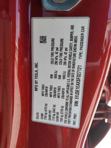 5YJ3E1EAXSF027121 - 2025 TESLA MODEL 3 RED photo 13