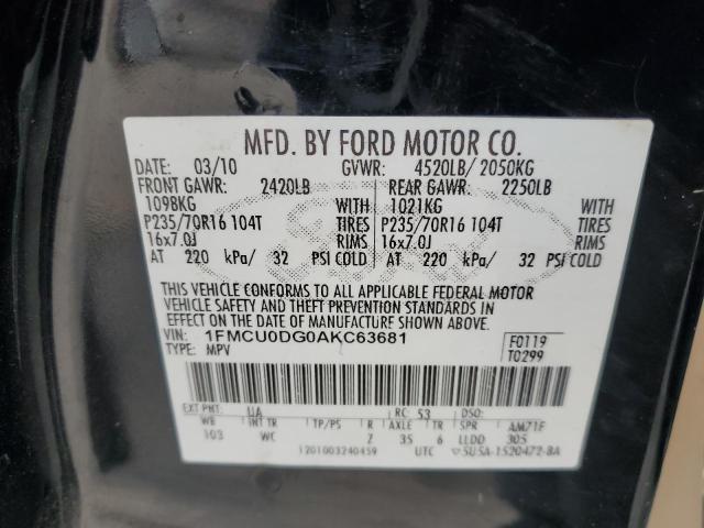 1FMCU0DG0AKC63681 - 2010 FORD ESCAPE XLT BLACK photo 13