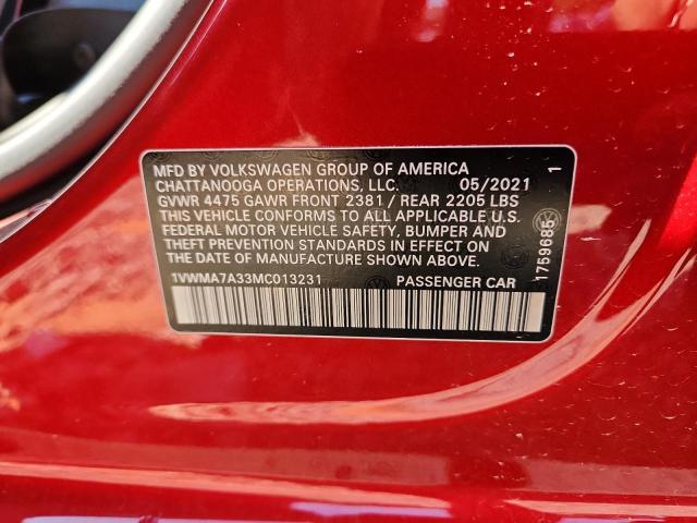 1VWMA7A33MC013231 - 2021 VOLKSWAGEN PASSAT R-LINE Կարմիր լուսանկար 12