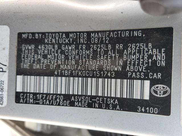 4T1BF1FK0CU151743 - 2012 TOYOTA CAMRY BASE SILVER photo 12
