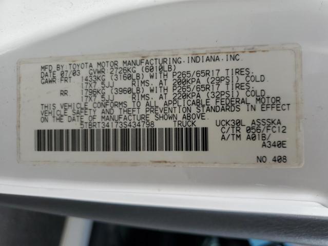 5TBRT34173S434798 - 2003 TOYOTA TUNDRA ACCESS CAB SR5 WHITE photo 12