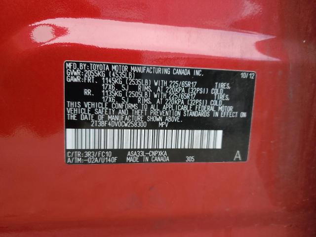 2T3BF4DV0CW258300 - 2012 TOYOTA RAV4 RED photo 13