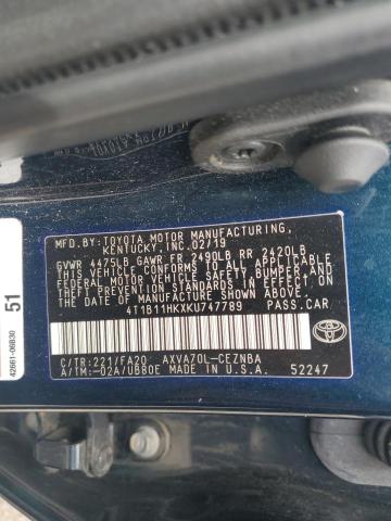 4T1B11HKXKU747789 - 2019 TOYOTA CAMRY L BLUE photo 13