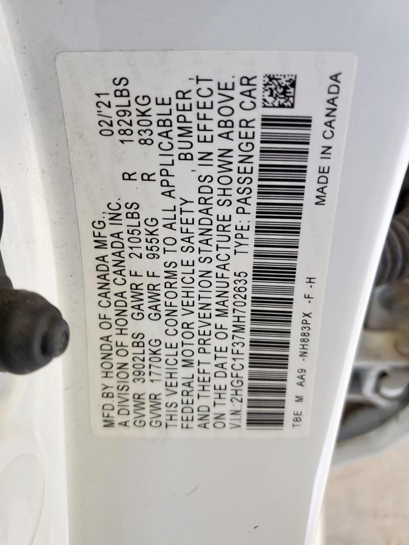 2HGFC1F37MH702635 - 2021 HONDA CIVIC EX WHITE photo 12