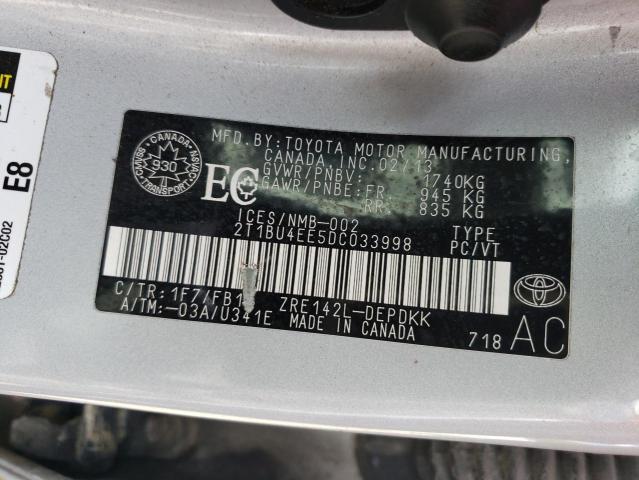 2T1BU4EE5DC033998 - 2013 TOYOTA COROLLA BASE ვერცხლისფერი ფოტო 13