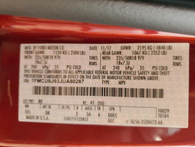1FMCU9J93JUA80287 - 2018 FORD ESCAPE TITANIUM 红色 照片 12