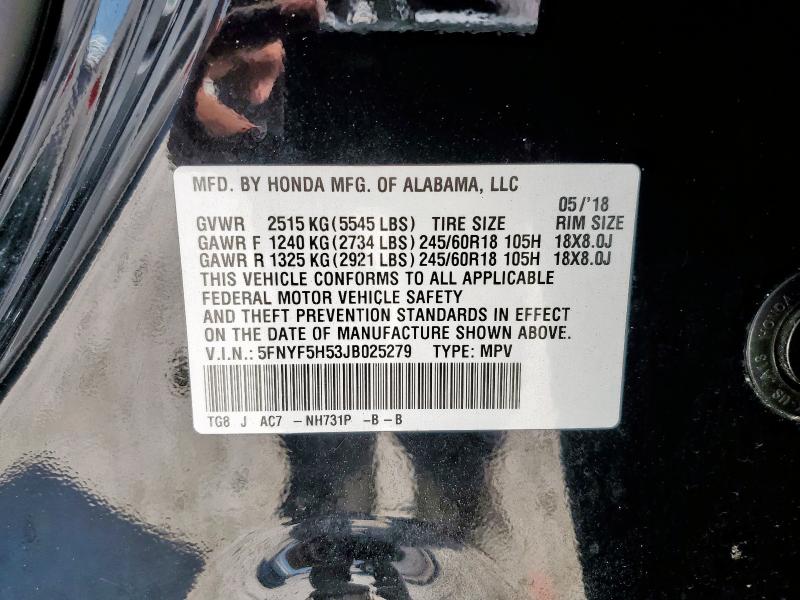 5FNYF5H53JB025279 - 2018 HONDA PILOT EXL 黑色 照片 13