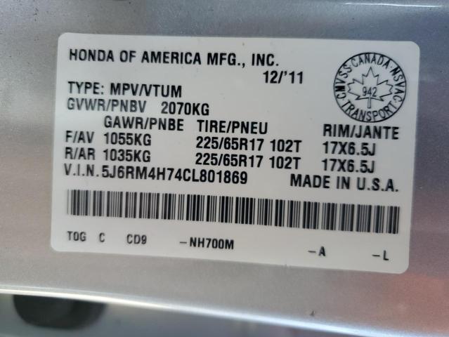 5J6RM4H74CL801869 - 2012 HONDA CR-V EXL SILVER photo 14