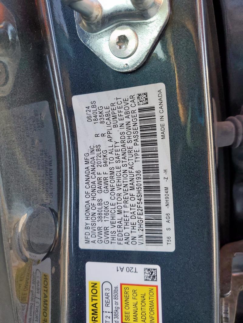 2HGFE2F54SH501936 - 2025 HONDA CIVIC SPORT GRAY photo 12