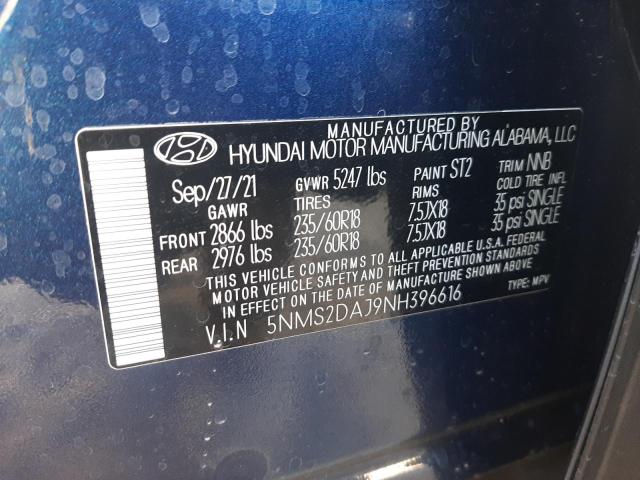 5NMS2DAJ9NH396616 - 2022 HYUNDAI SANTA FE SEL BLUE photo 13