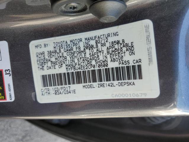 5YFBU4EE2CP010600 - 2012 TOYOTA COROLLA BASE Graphite photo 13